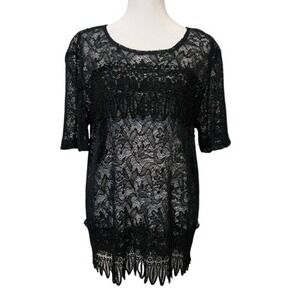 Black Lace Semi Sheer Fringe Hem‎ Back Zip Short Sleeve Blouse Boho Stevie Nicks
